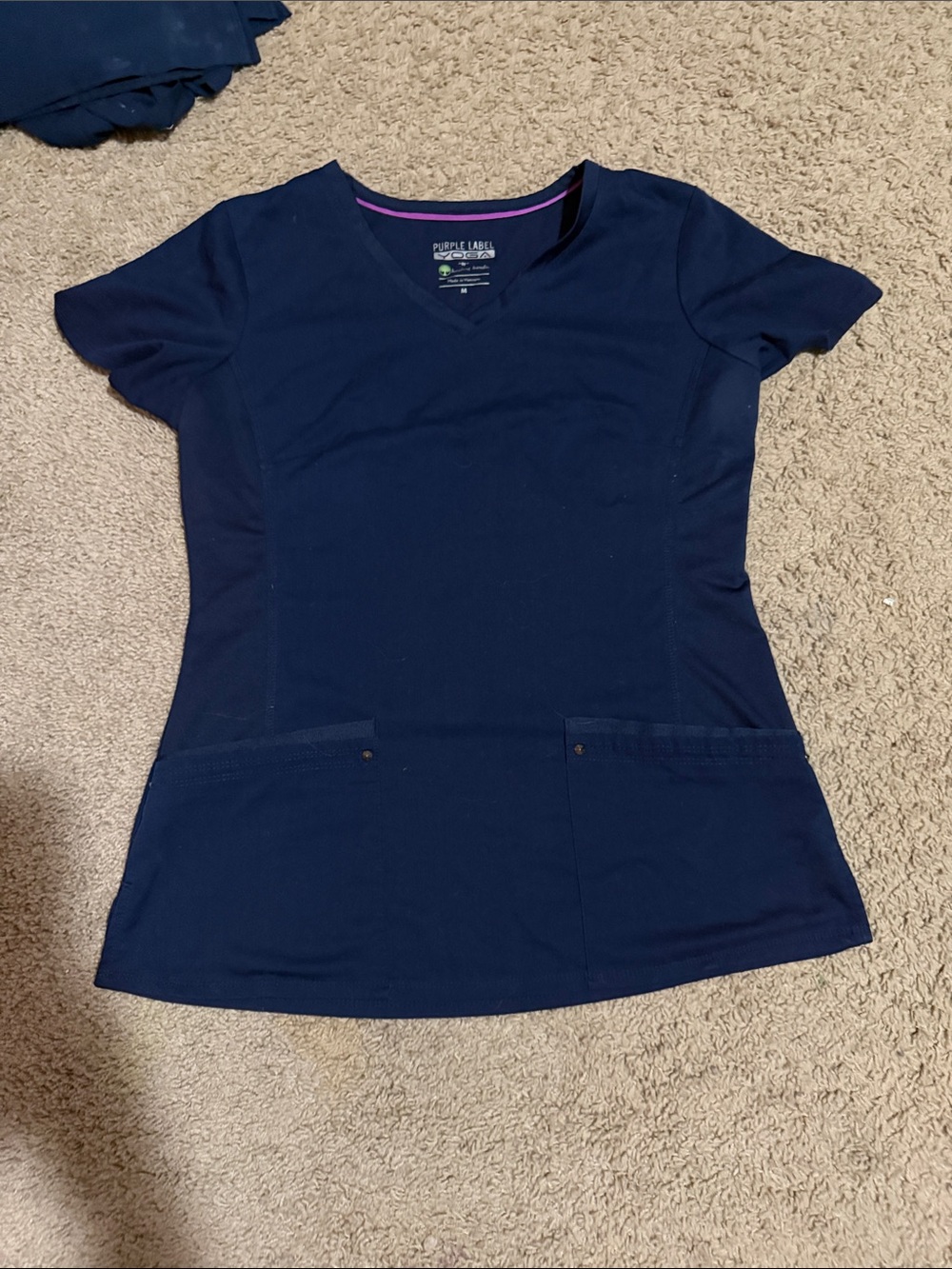 healing hands Navy V-Neck Short Sleeve Scrub Top with Pink Trim